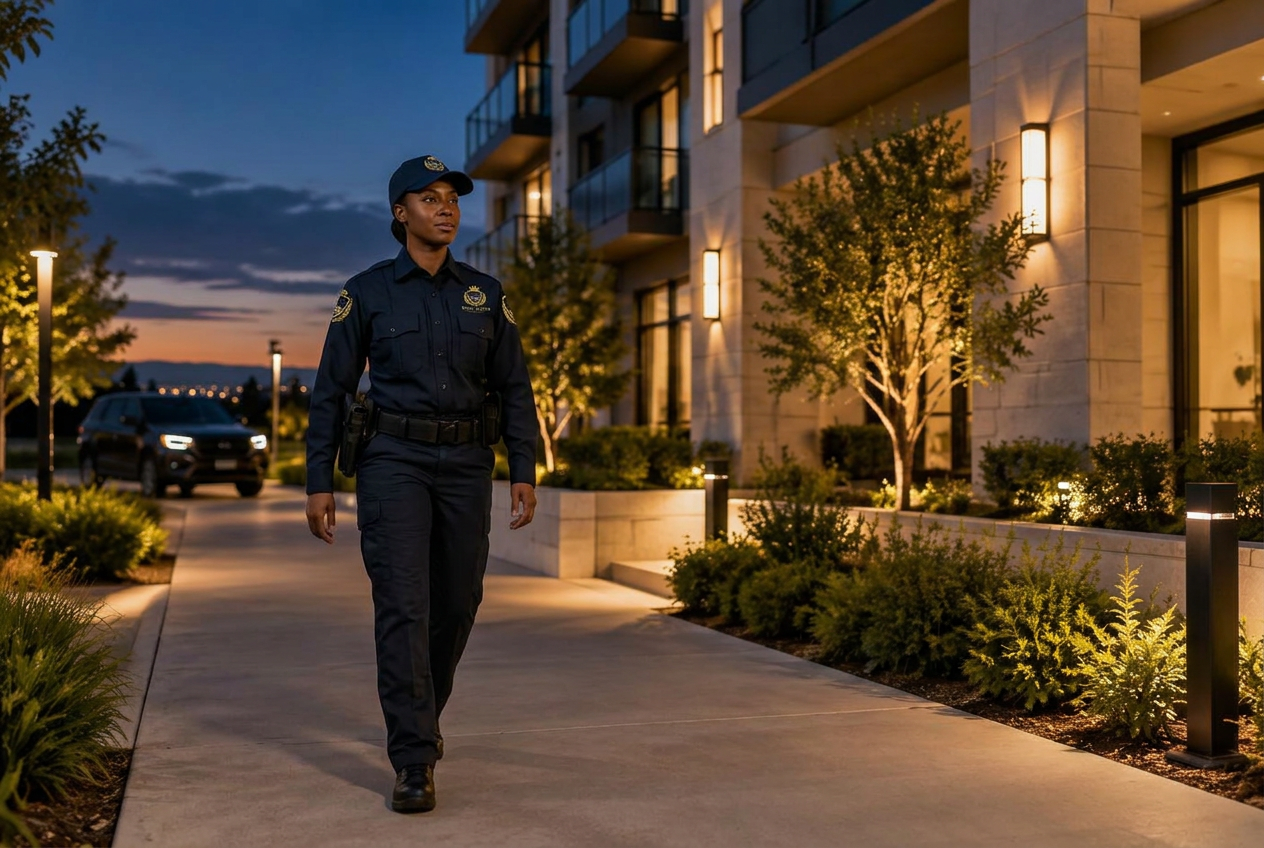 Black female Royal Shield armed officer conducting an apartment property patrol
