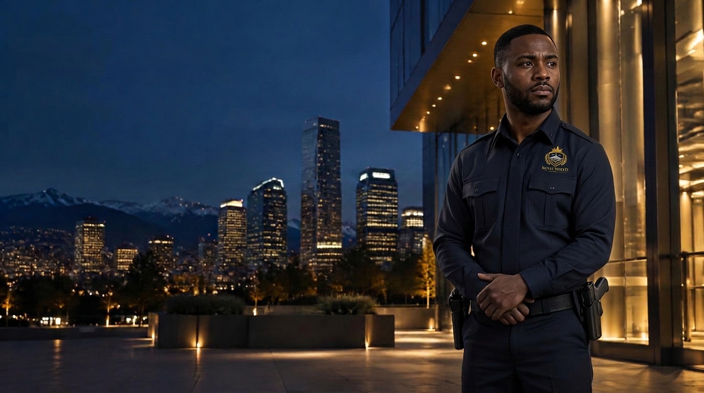Black Royal Shield armed security officer protecting a commercial property